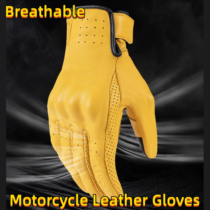 Motorcycle Gear Yellow - Non-Perforated Yellow Retro Leather Motorcycle Gloves
